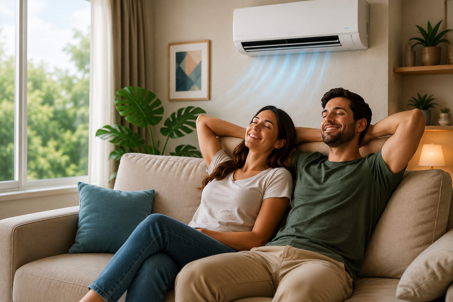 Casal relaxando no sofá com ar-condicionado ligado